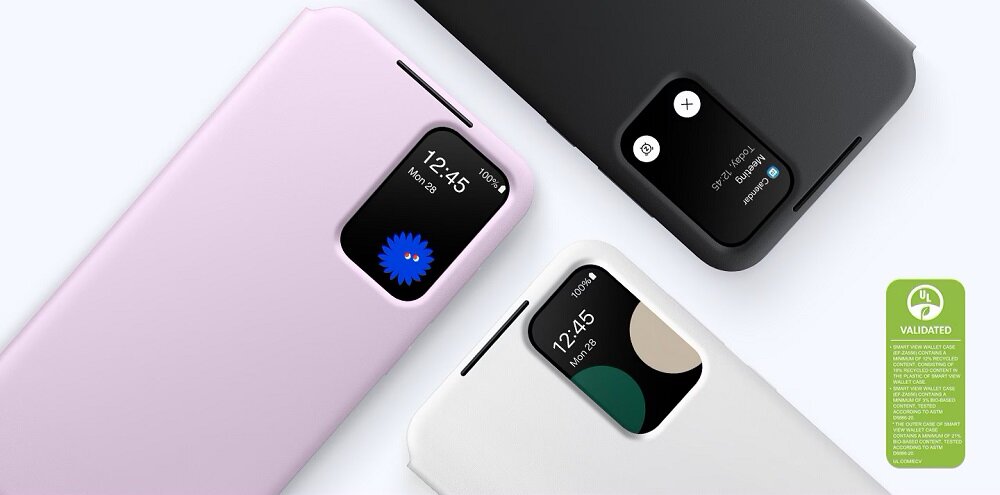 Etui Samsung Smart View Wallet Case Galaxy A55 czarne widok na trzy telefony w etui w trzech kolorach pod skosem