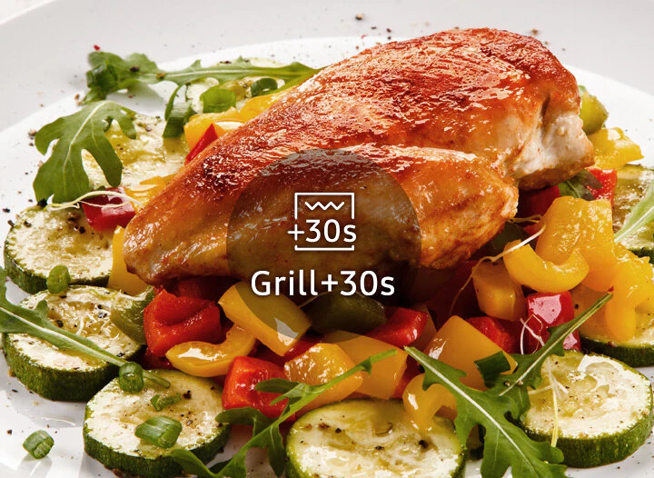 Kuchenka mikrofalowa Samsung MS22T8254AB 22l grafika przedstawiająca gotową potrawę z napisem grill +30s