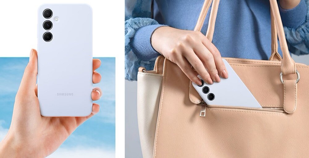 Etui Samsung Silicone Case Galaxy A55 limonkowe widok na grafikę z jasnoniebieskim etui trzymanym w dłoni oraz na grafikę przedstawiającą wkładanie telefonu w etui do torebki