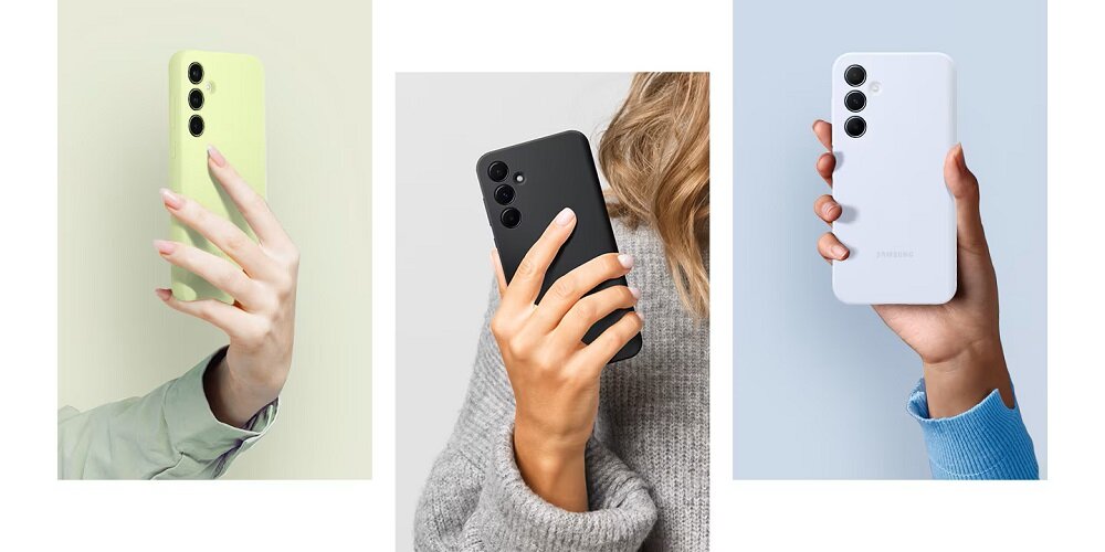 Etui Samsung Silicone Case Galaxy A55 limonkowe widok na trzy telefony w etui trzymane w dłoniach
