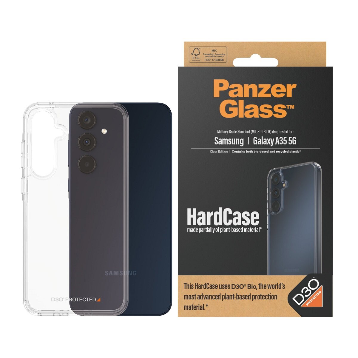 Etui PanzerGlass HardCase Galaxy A35 5G wraz z telefonem oraz opakowanie od frontu