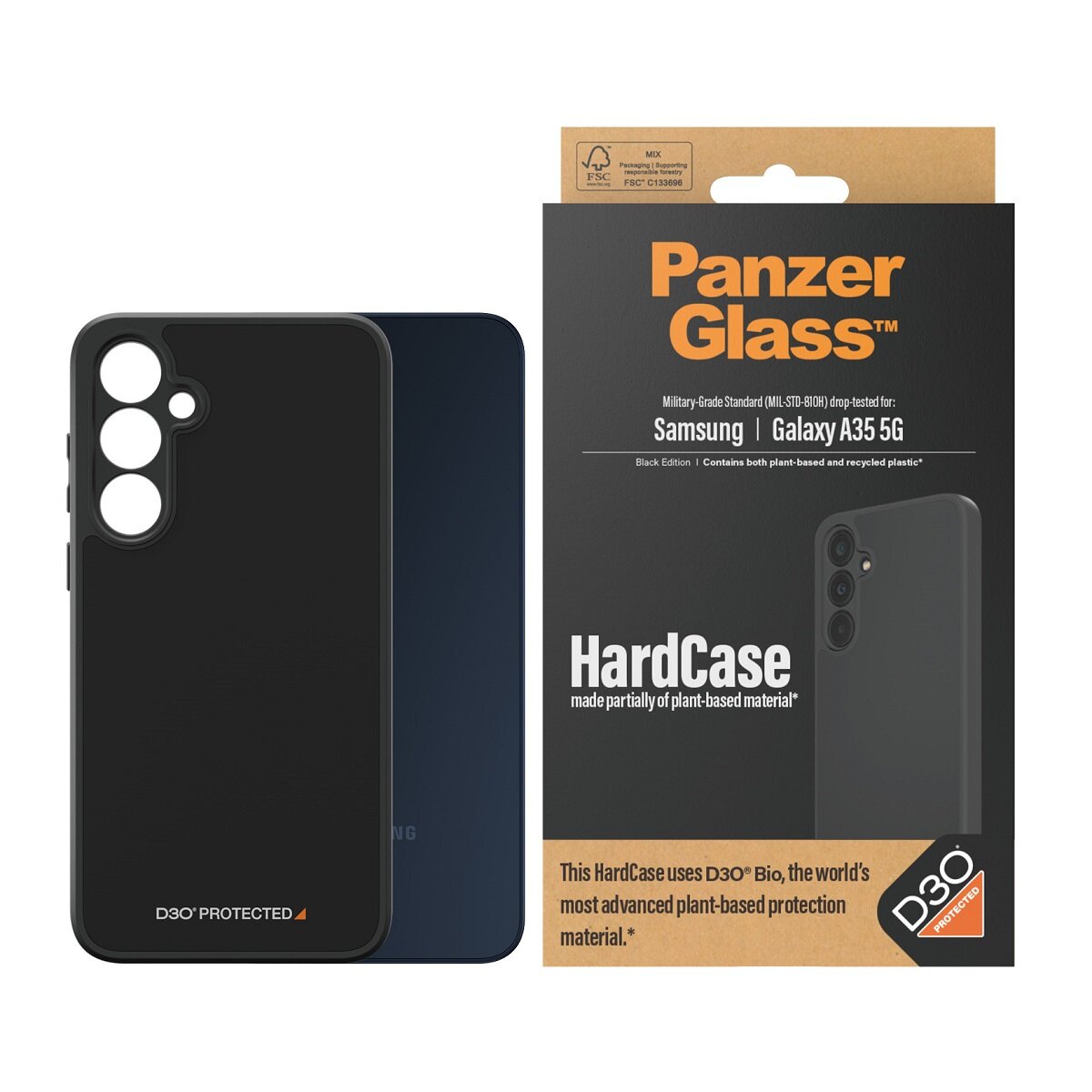 Etui PanzerGlass HardCase Galaxy A35 5G wraz z telefonem oraz opakowanie od frontu