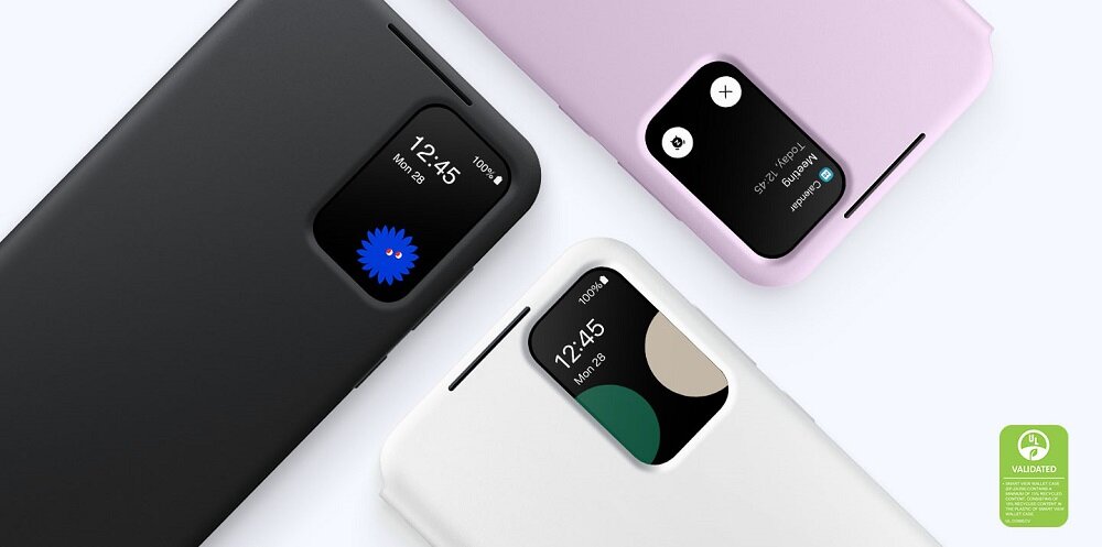 Etui Samsung Smart View Wallet Case Galaxy A35 czarne widok na trzy telefony w etui w trzech kolorach pod skosem