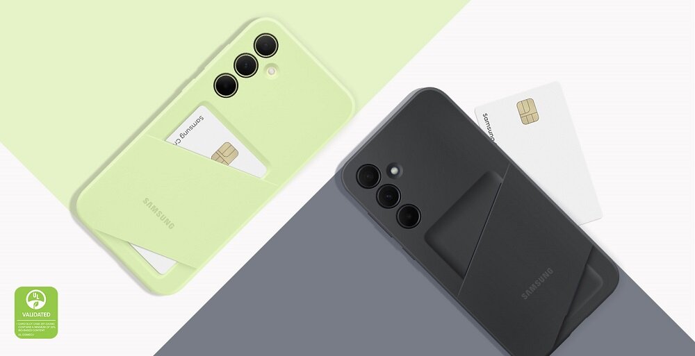 Etui Samsung Card Slot Case Galaxy A35 limonkowe widok na telefon w czarnym etui oraz na telefon w limonkowym etui pod skosem