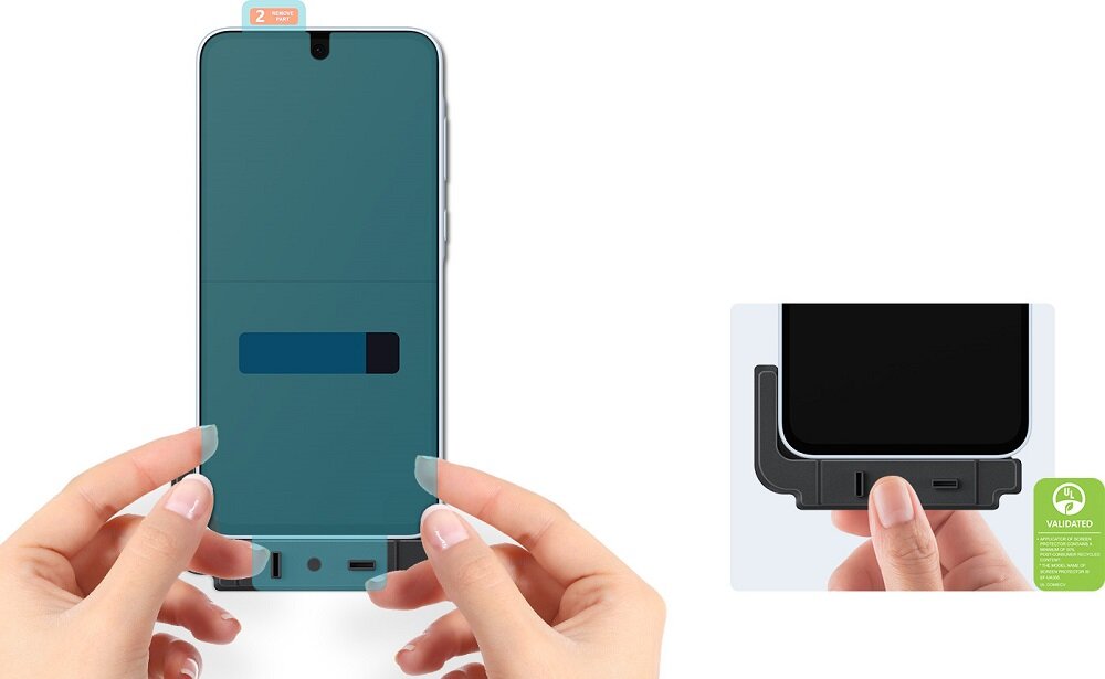 Folia ochronna Samsung EF-UA356CTEGWW Galaxy A35 przezroczysta widok na telefon z przyłożoną do ekranu folią i założoną ramką montażową