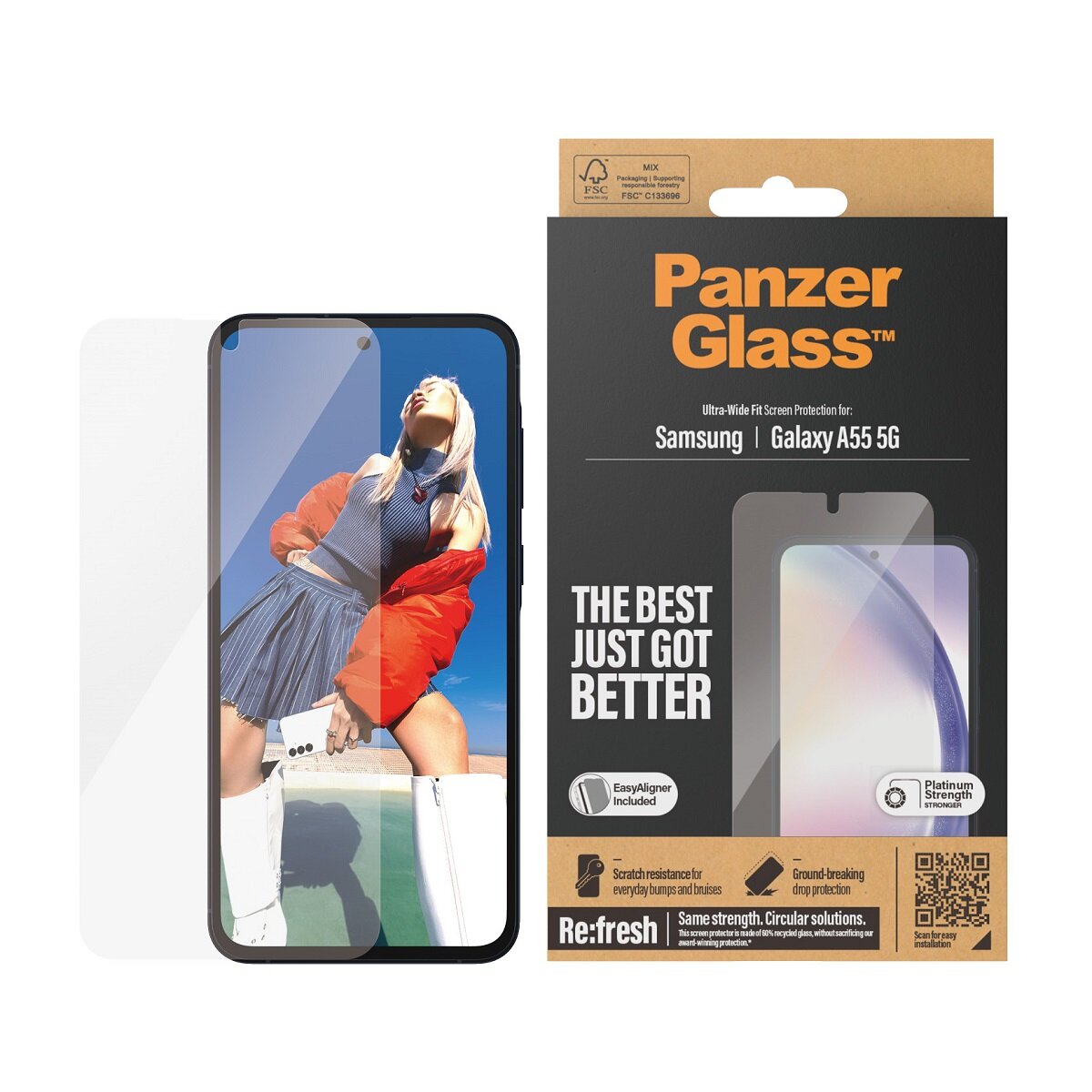 Szkło ochronne PanzerGlass Ultra-Wide Fit Galaxy A55 5G wraz z telefonem oraz opakowanie od frontu