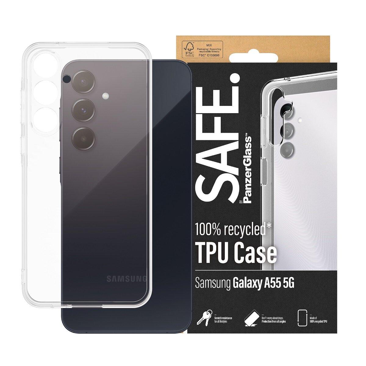 Etui PanzerGlass Safe Galaxy A55 5G wraz z telefonem oraz opakowanie od frontu