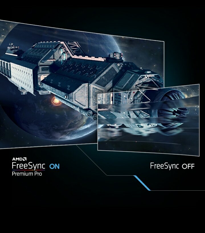 Monitor Samsung Odyssey G95C zakrzywiony grafika przedstawia porównanie obrazu z włączonym i wyłączonym trybem FreeSync