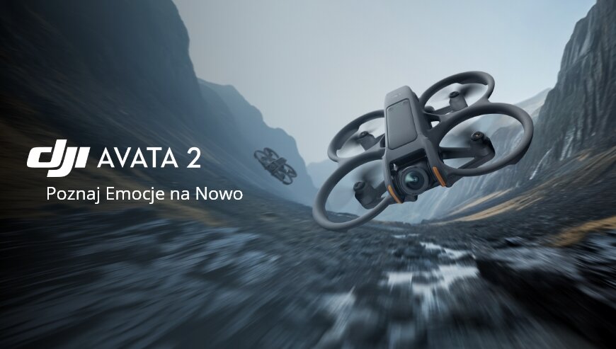 Dron DJI Avata 2 4K grafika przedstawia lecącego drona w klifie