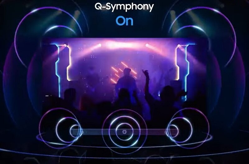 Telewizor Samsung QE83S90DAE 83' grafika wizualizująca działanie technologii Q-Symphony