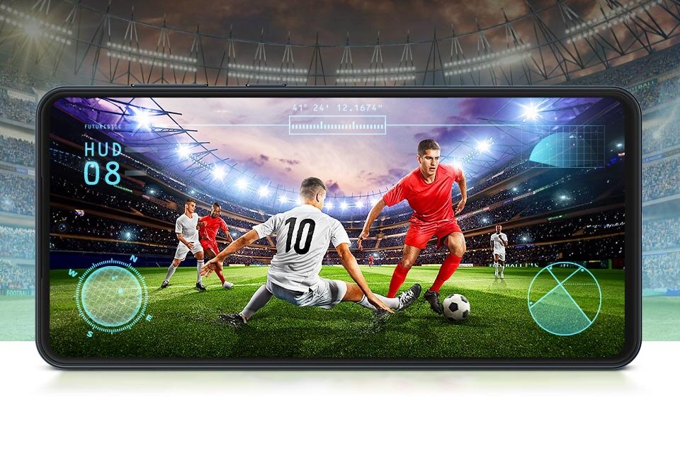 Smartfon Samsung Galaxy M55 5G SM-M556EL 8/128GB zielony widok na telefon w pozycji poziomej z włączoną na ekranie grą w piłkę nożną