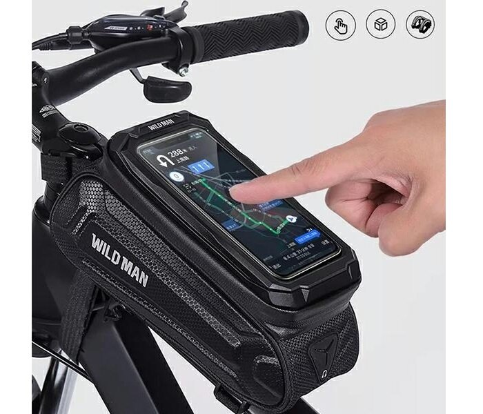 Uchwyt rowerowy Wildman SX3 czarny widok na smartfon z włączoną na ekranie nawigacją włożony w uchwyt zamontowany na ramie roweru