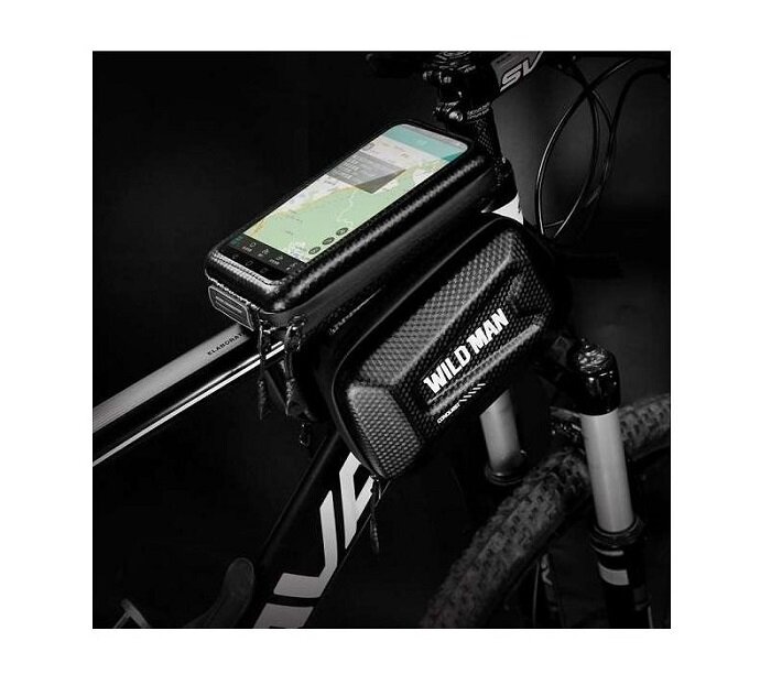 Uchwyt rowerowy Wildman XL E6S czarny widok na uchwyt zamontowany na ramie roweru z włożonym telefonem