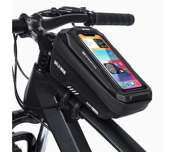 Uchwyt rowerowy Wildman XS2 czarny widok na uchwyt zamontowany na ramie roweru z włożonym do środka smartfonem