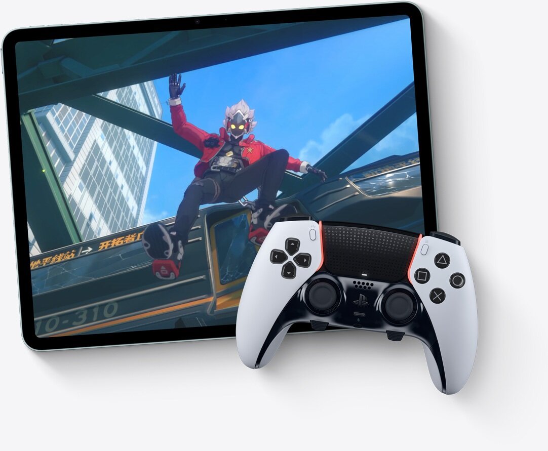 Tablet Apple iPad Air 11 grafika przedstawia tablet pod skosem oraz kontroler playstation