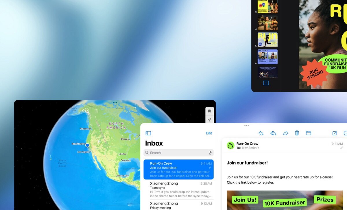 Tablet Apple iPad Air 11 grafika przedstawia otwarte aplikacje maila, map oraz prezentacji