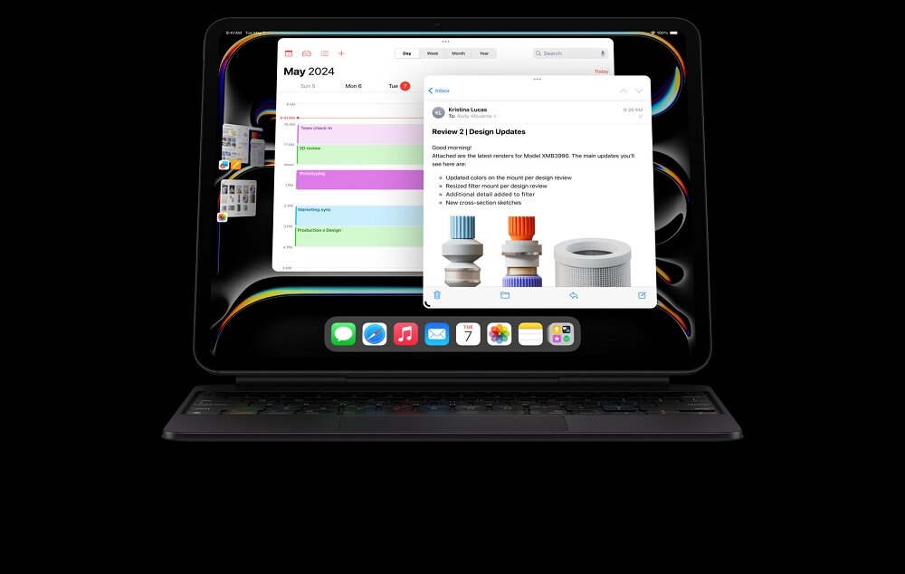 Tablet Apple iPad Pro 11 WiFi 256GB srebrny widok od frontu na ekran tabletu z włączonym kalendarzem i mailem