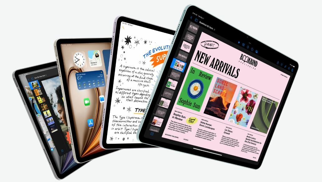 Tablet Apple iPad Air 13 Cellular 128GB Fioletowy widok od boku pod skosem na cztery tablety