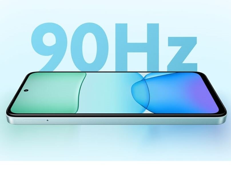 Smartfon Xiaomi Redmi 13 8/256 GB niebieski widok na ekran z napisem 90 Hz nad smartfonem