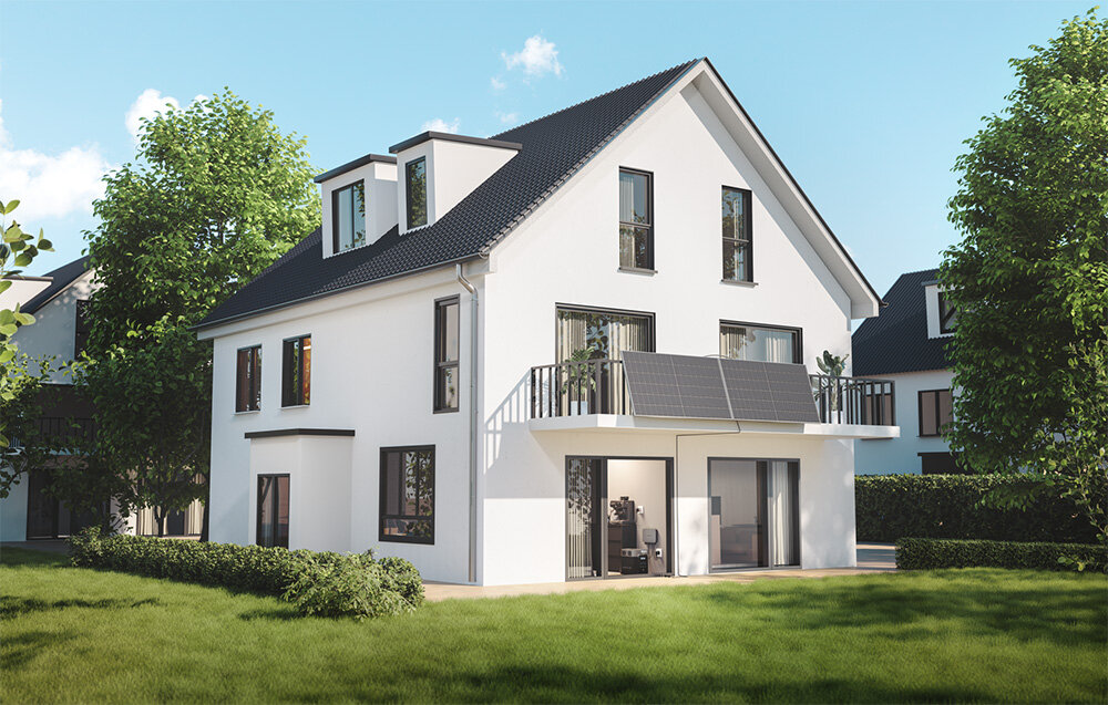 System balkonowy EcoFlow Basic Plus Delta 2 800W grafika przedstawia dom z zainstalowanym systemem balkonowym