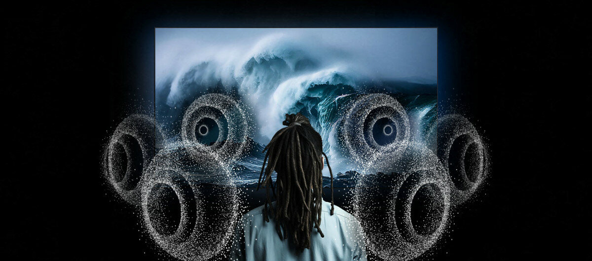 Słuchawki Samsung Galaxy Buds3 R530 szare grafika przedstawiająca mężczyznę otoczonego falami dźwiękowymi