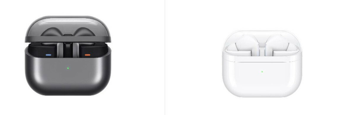 Słuchawki Samsung Galaxy Buds3 Pro R630 białe widok od frontu na dwa etui w różnych kolorach