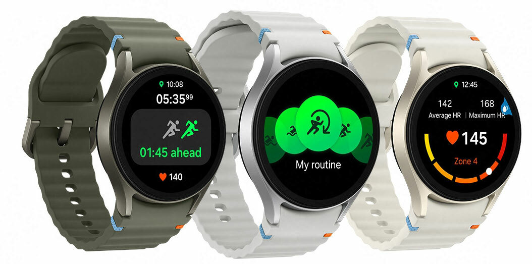 Smartwatch Samsung Galaxy Watch7 L300 BT 40mm zielony widok pod skosem na trzy różne smartwatche