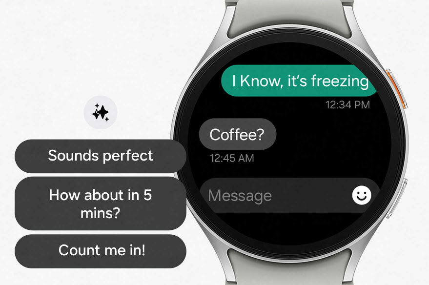 Smartwatch Samsung Galaxy Watch7 L310 BT 44mm zielony grafika przedstawiająca przykładową wiadomość i sugerowane odpowiedzi do niej