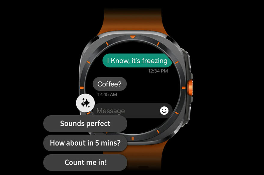 Smartwatch Samsung Galaxy Watch Ultra L705 LTE szary grafika przedstawiająca wiadomość i przykładową sugerowaną odpowiedź