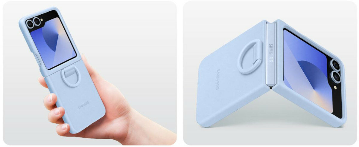Etui Samsung Silicone Case do Galaxy Z Flip6 niebieskie widok na smartfona w etui pod różnym kątem