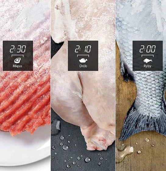Kuchenka mikrofalowa Samsung FW87SUST srebrna wizualizacja programów do rozmrażania mięsa, drobiu i ryb