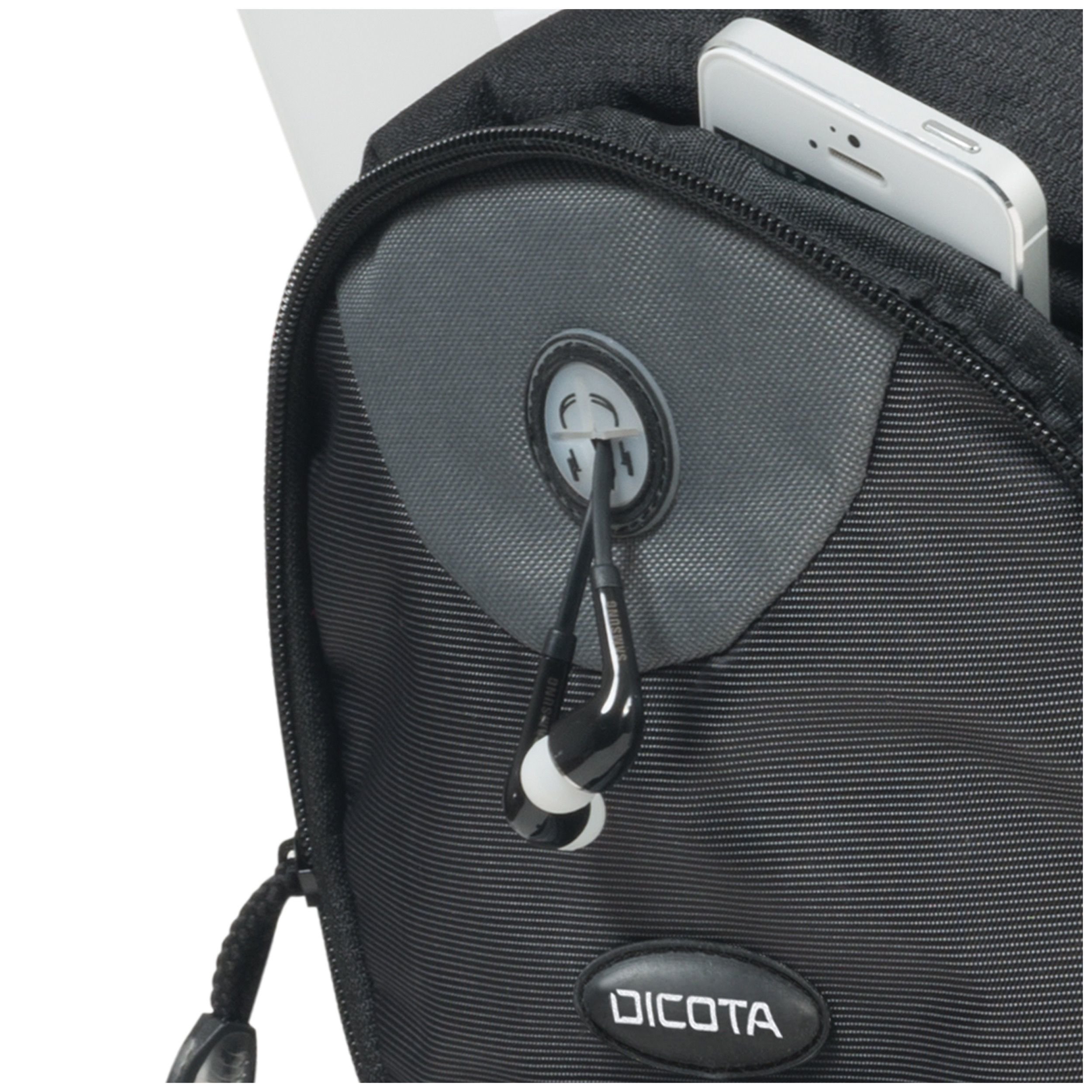 Plecak Dicota BacPacMission XL czarny zbliżenie na uchyloną kieszeń główną