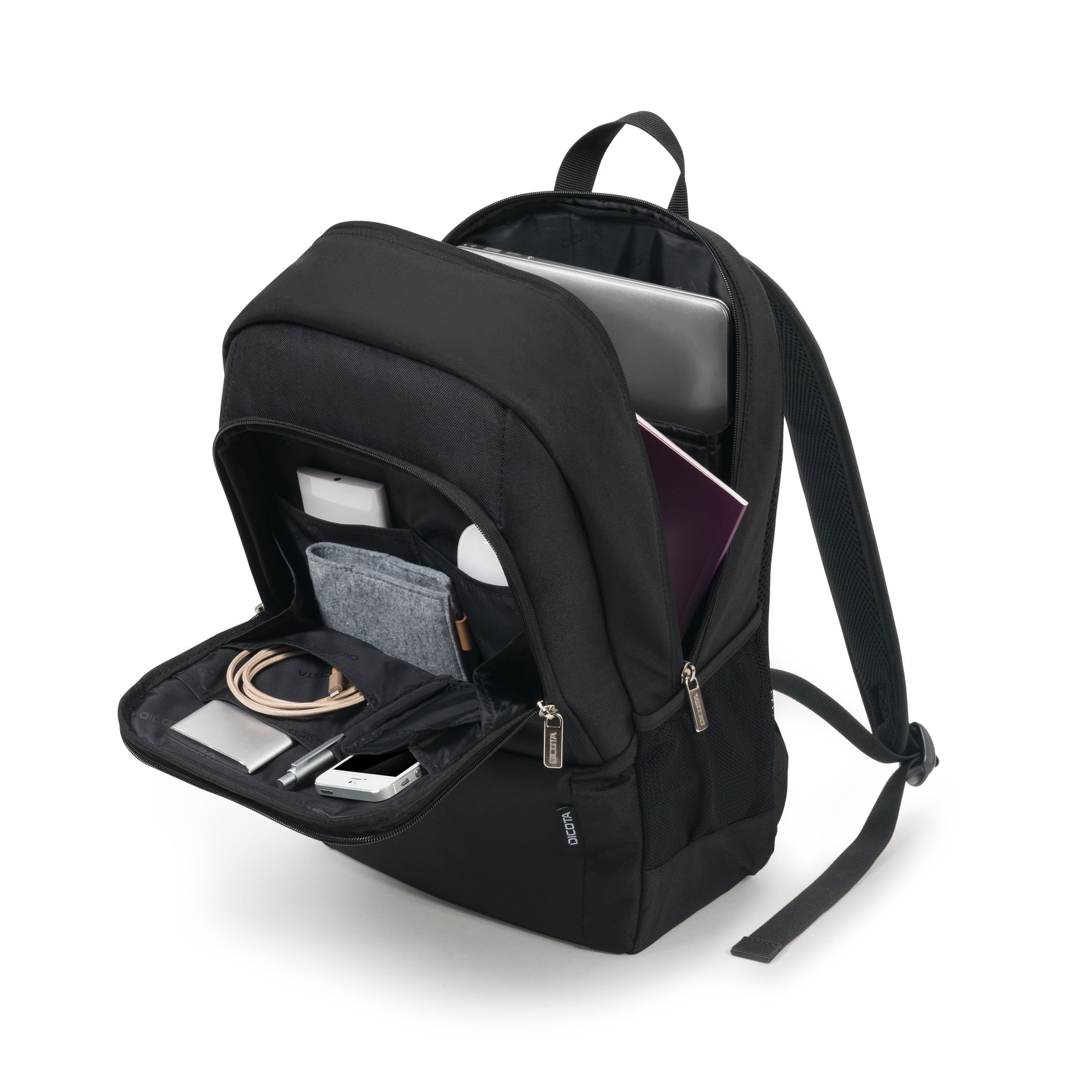 Plecak Dicota Backpack BASE czarny widok od prawego boku na przód z uchyloną komorą główną i przedstawionym wnętrzem