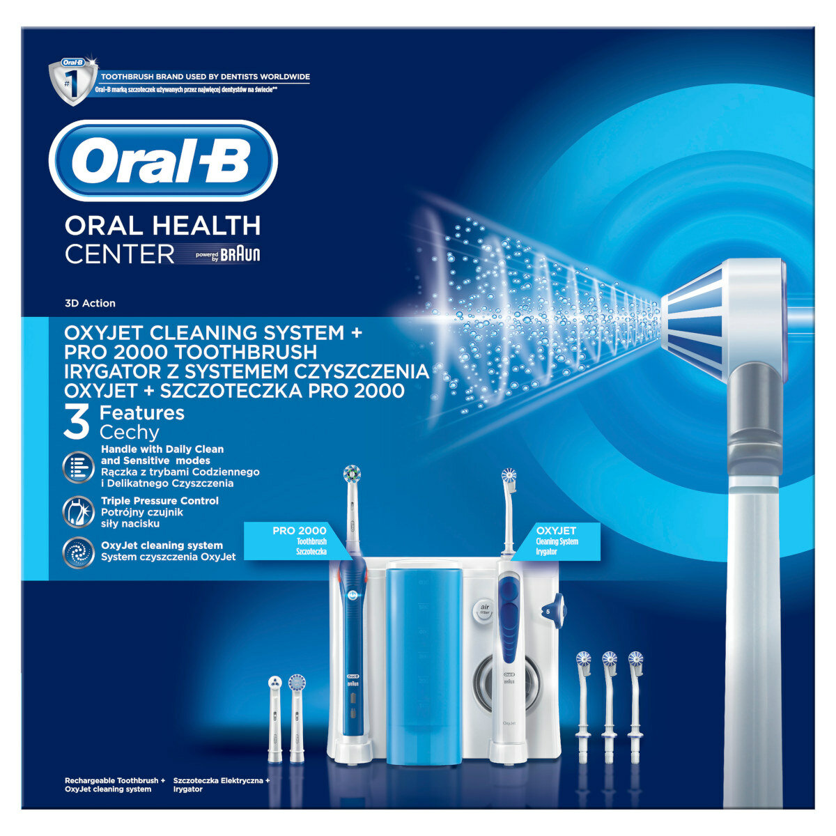 Irygator Oral B Oxyjet + szczoteczka Pro 2000 widok na opakowanie od frontu