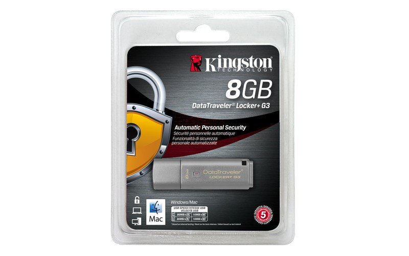Pamięć Kingston 8GB DataTraveler Locker+ G3 USB 3.0 80MB/s DTLPG3/8GB szary widok przodem na pendrive w opakowaniu