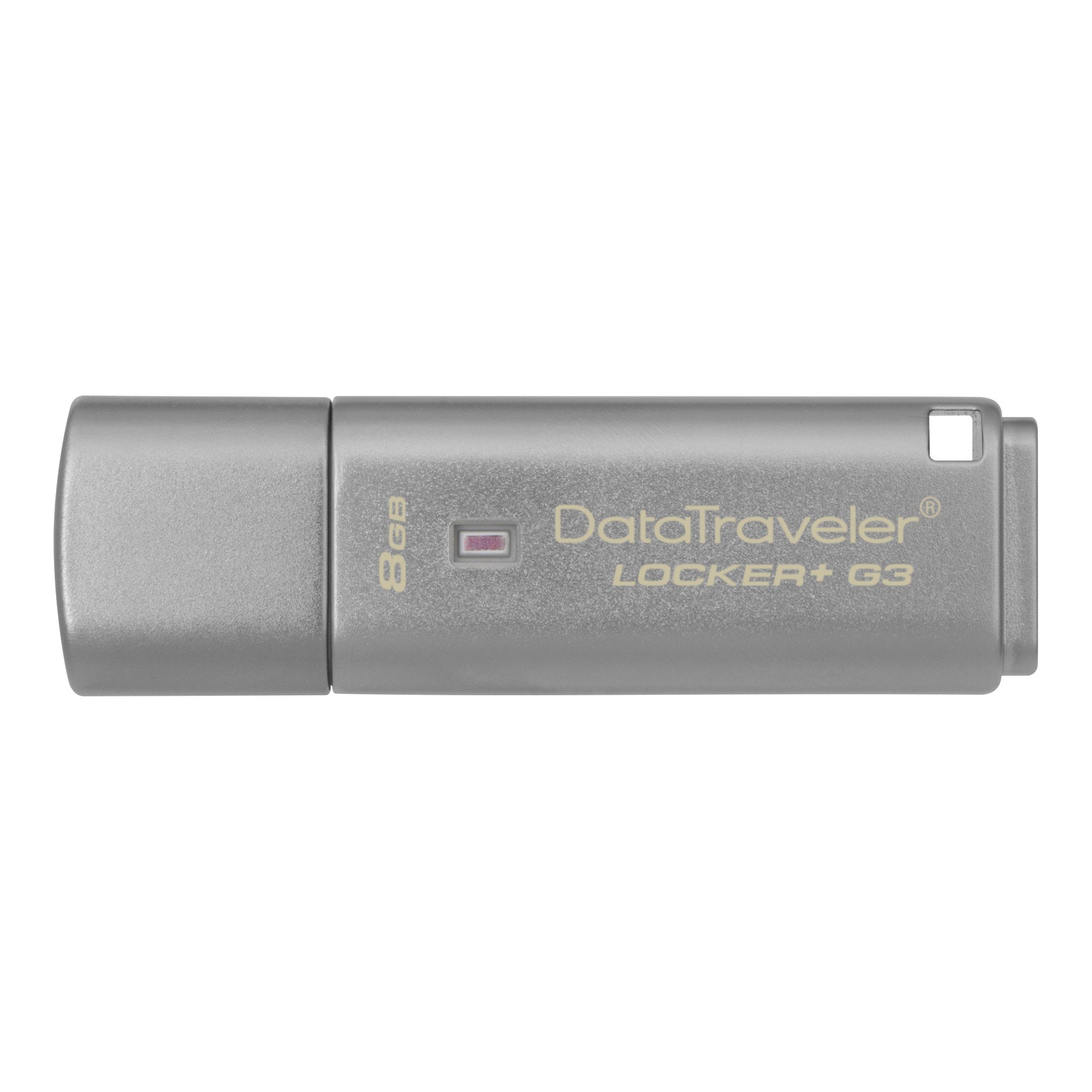 Pamięć Kingston 8GB DataTraveler Locker+ G3 USB 3.0 80MB/s DTLPG3/8GB szary widok od przodu na pendrive w poziomie