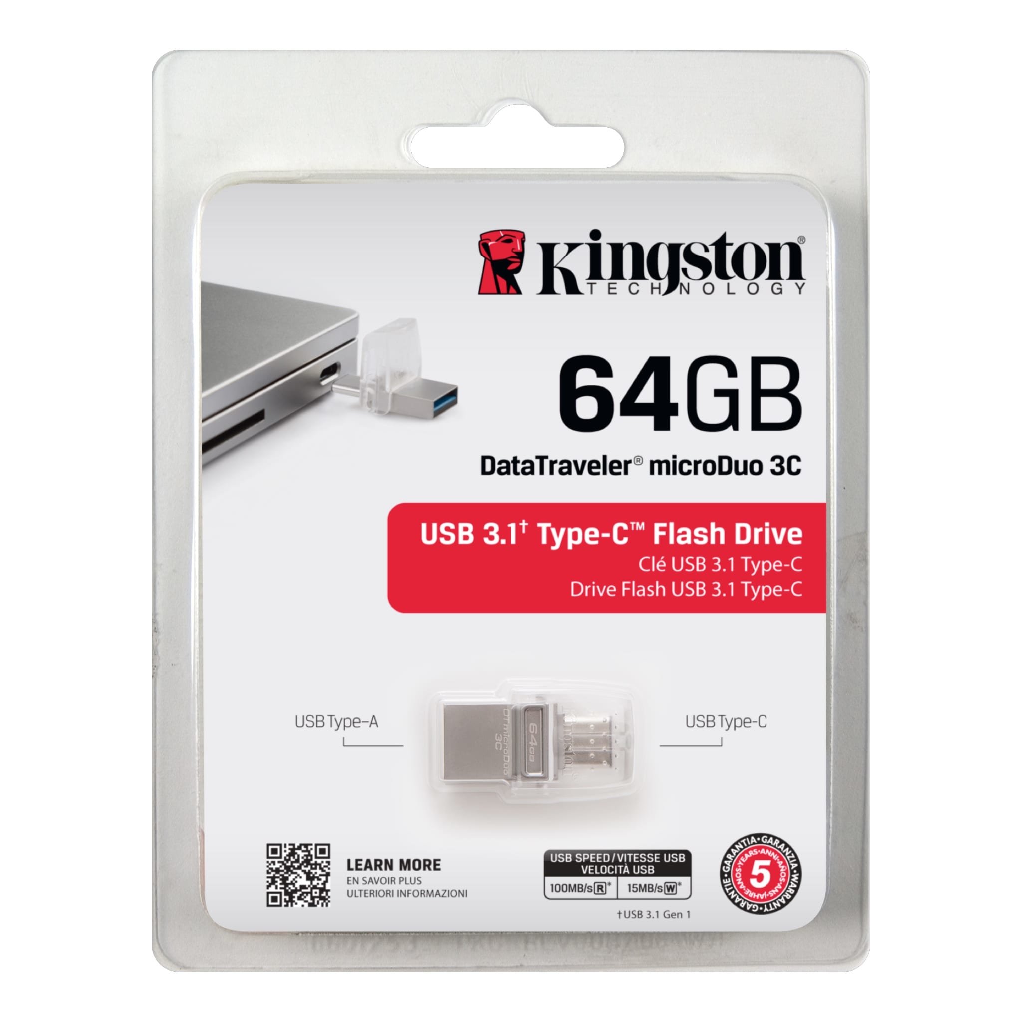 Pamięć Kingston 64GB Data Traveler MicroDuo 3C USB 3.1 DTDUO3C/64GB widok na pendrive w opakowaniu od przodu