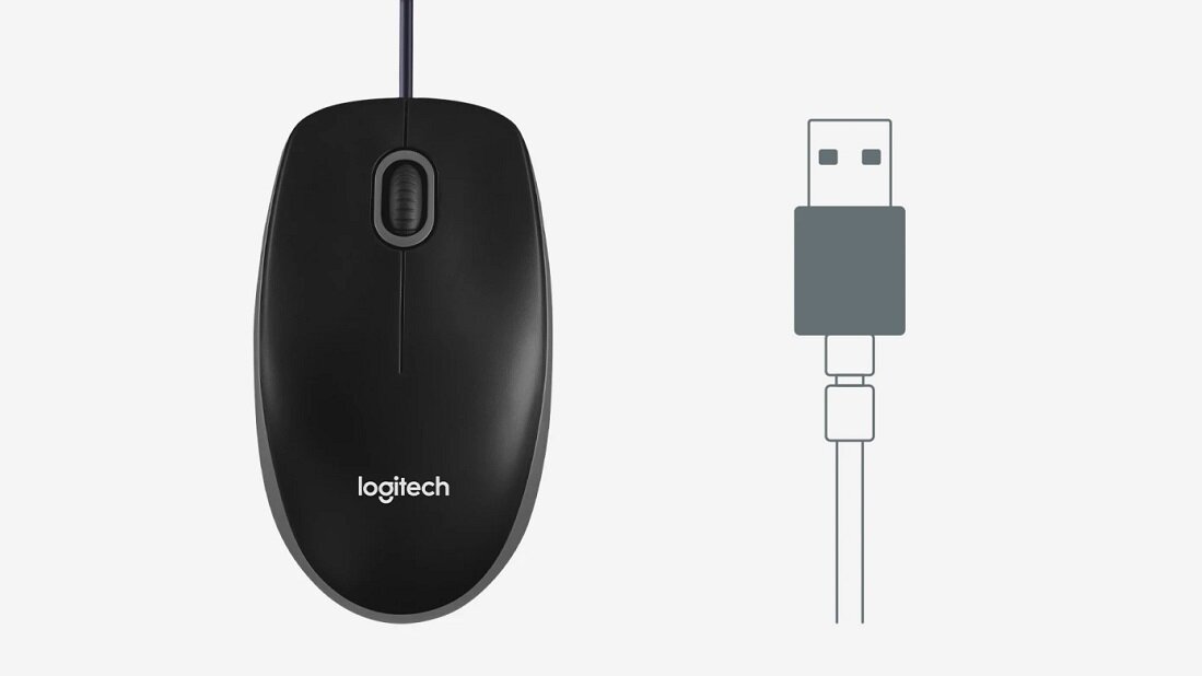 Mysz optyczna Logitech B100 (910-003357) obok końcówki USB