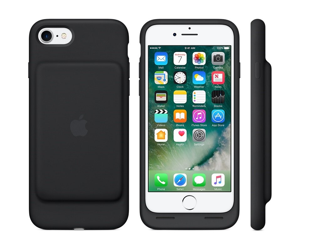 Etui Apple Smart Battery Case MN002ZM/A widok na etui na pleckach telefonu, na ekranie telefonu oraz od boku