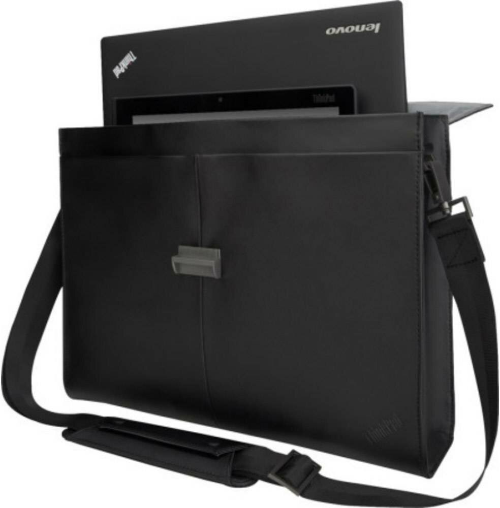 Torba na laptopa Lenovo ThinkPad Executive skórzana czarna widok na otwartą torbę z częściowo włożonym laptopem i tabletem