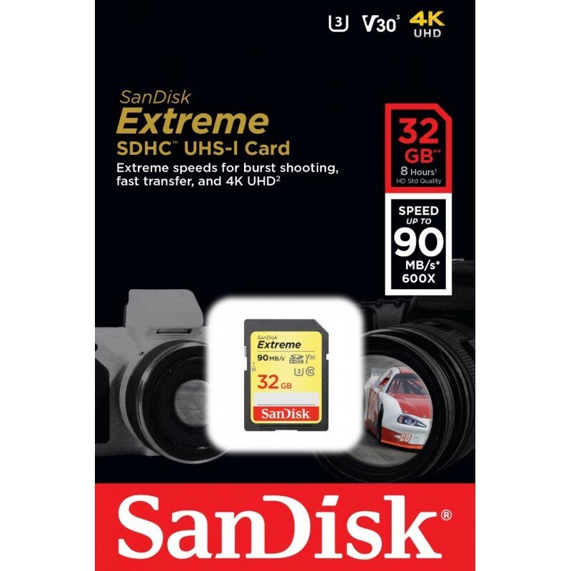 Karta pamięci SanDisk Extreme SDHC 32GB 90/40 MB/s V30 UHS-I U3 SDSDXVE-032G-GNCIN widok od przodu na opakowanie