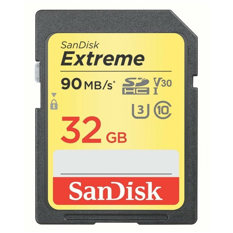 Karta pamięci SanDisk Extreme SDHC 32GB 90/40 MB/s V30 UHS-I U3 SDSDXVE-032G-GNCIN widok od przodu na kartę