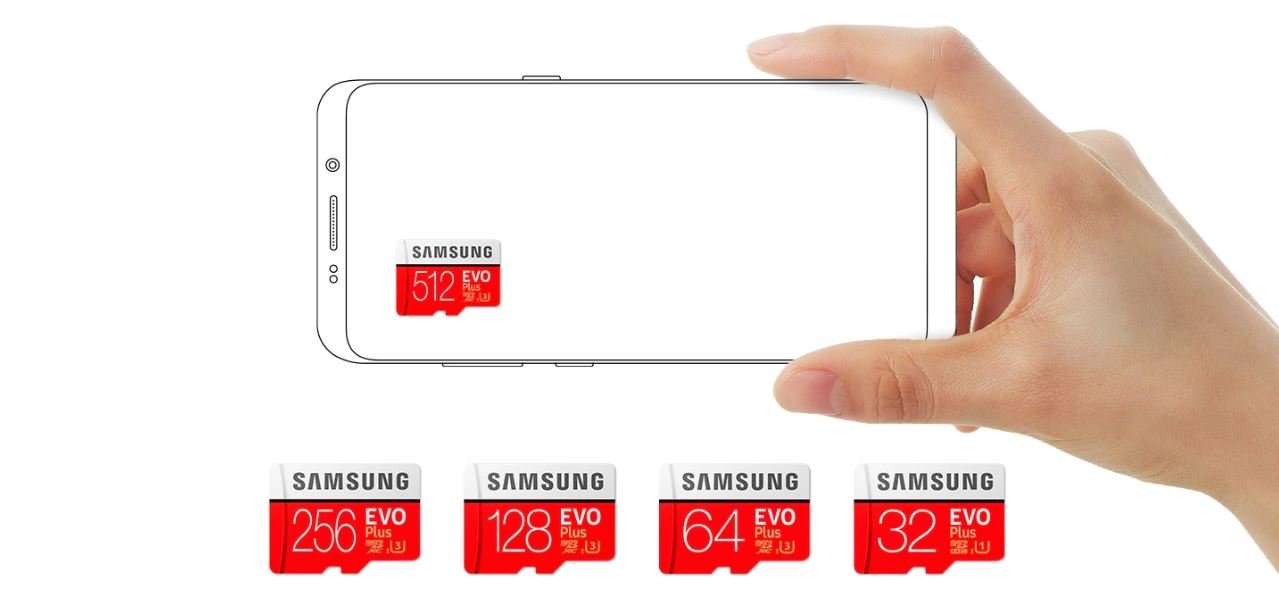 Karta Pamięci EVO Plus microSD Samsung 32GB MB-MC32GA/EU karty w 4 pamięciach (32, 64, 128 i 256GB) na tle telefonu