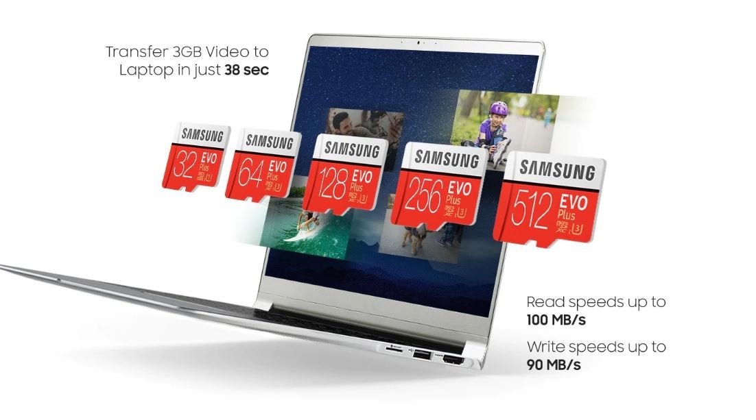 Karta Pamięci EVO Plus microSD Samsung 32GB MB-MC32GA/EU karty na tle laptopa 