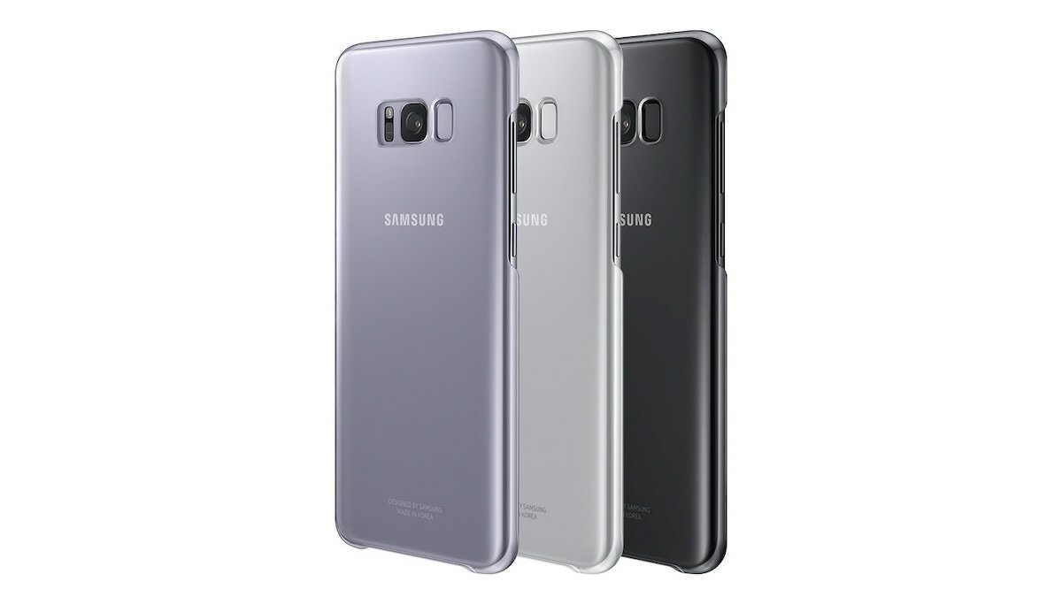 Etui Samsung Clear Cover do Galaxy S8+ Silver EF-QG955CSEGWW na pleckach telefonu od prawej w różnych kolorach