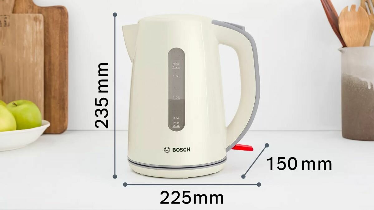 Czajnik Bosch TWK 7507 w scenerii kuchennej, zaznaczone wymiary