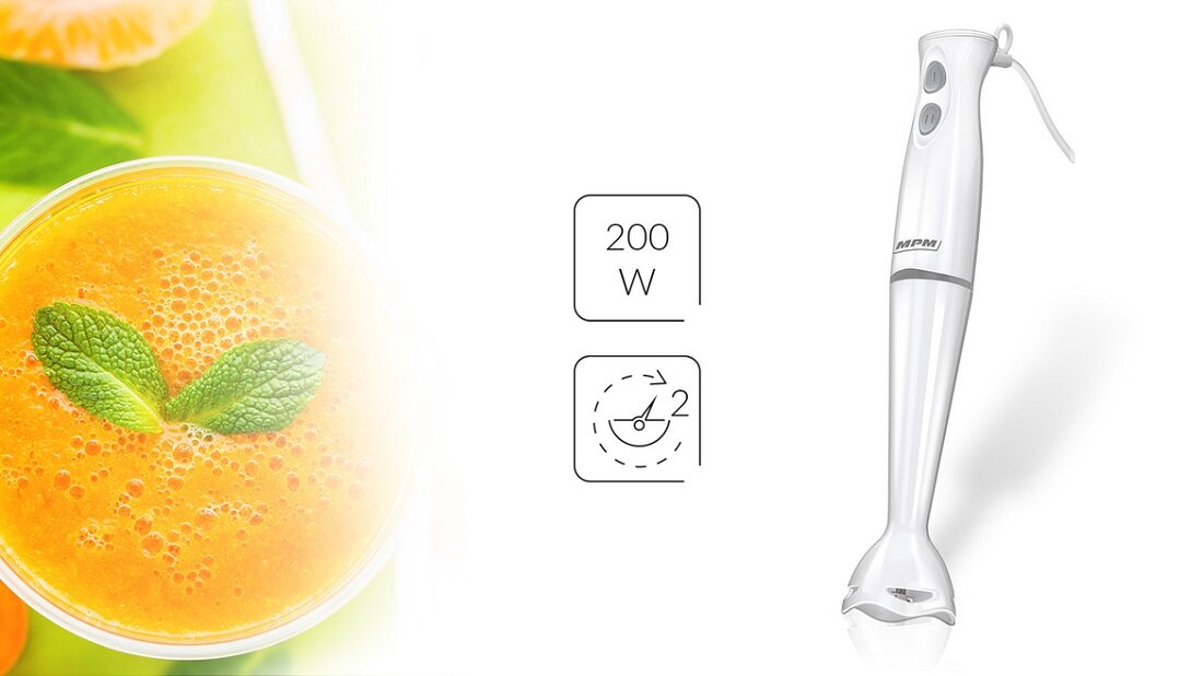 Blender ręczny MPM MBL-18 biały grafika przedstawia szklankę soku od góry oraz blender pod skosem
