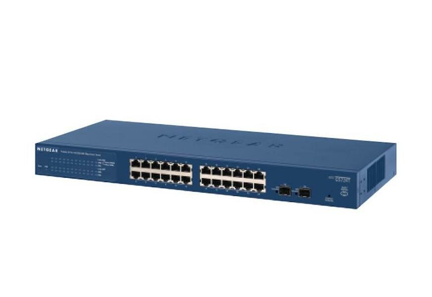 Switch Netgear GS724T-400EU Gigabit Ethernet widcoczy pod skosem prawym bokiem