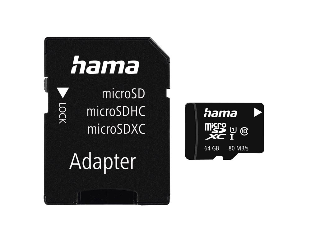 Karta pamięci Hama MSDXC64GB widok na kartę i adapter od frontu