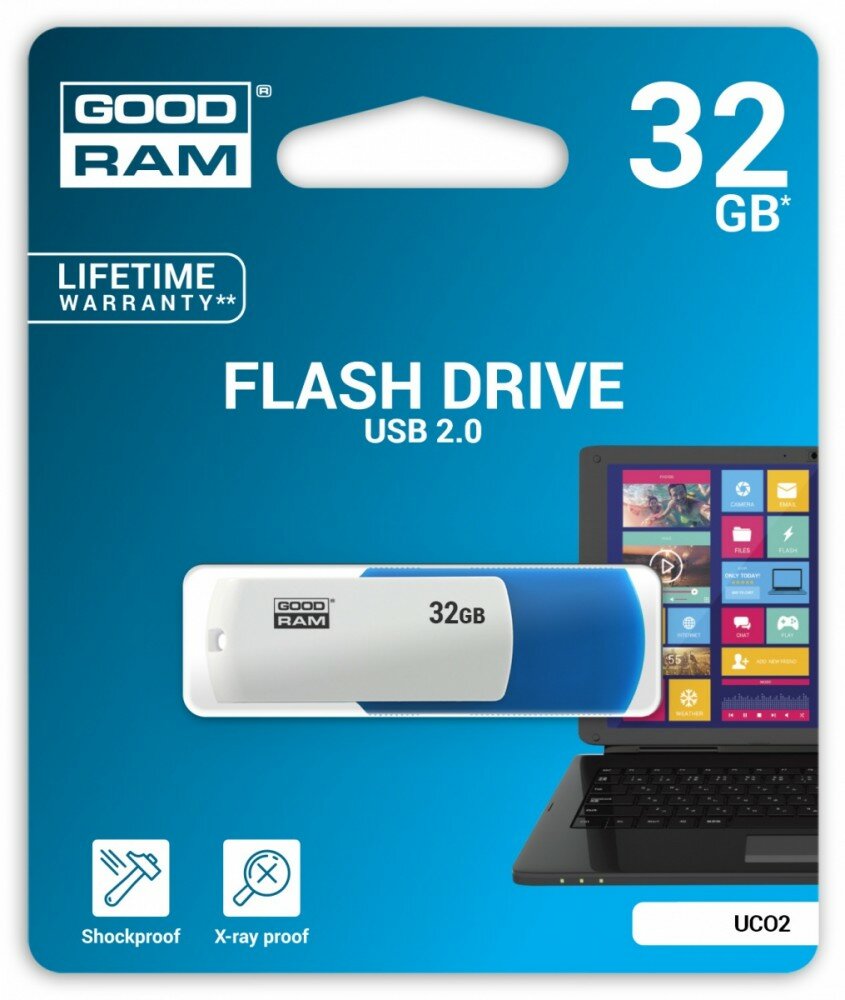 Pendrive GOODRAM UCO2 Color Mix 32GB USB 2.0 Niebieski w opakowaniu od frontu